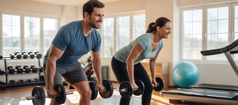 A man and woman lifting weights in a home gym